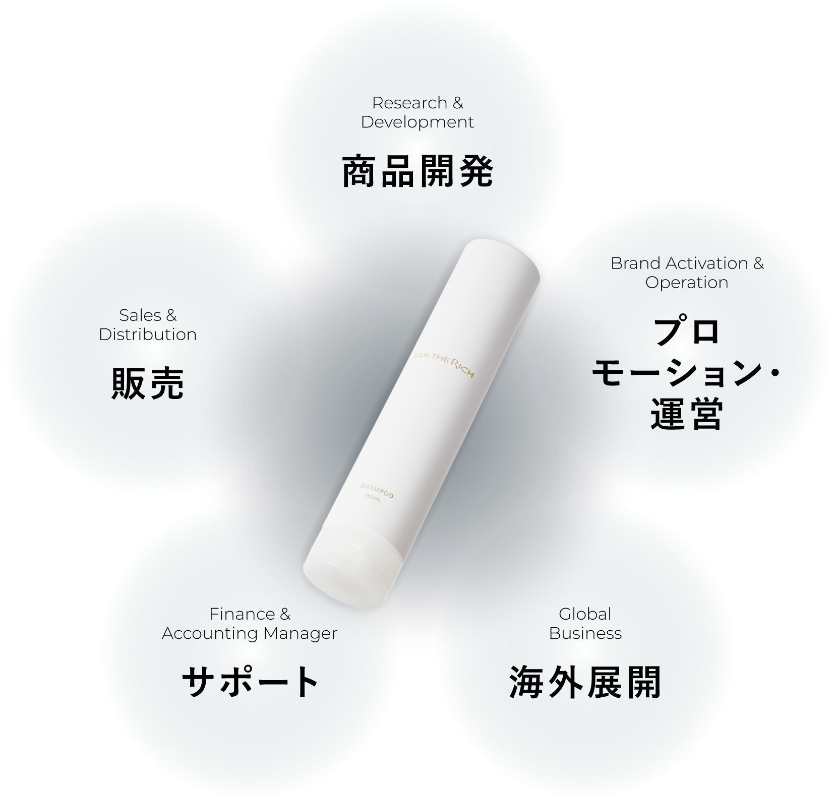 商品開発、販売、プロモーション・運営、サポート、海外展開